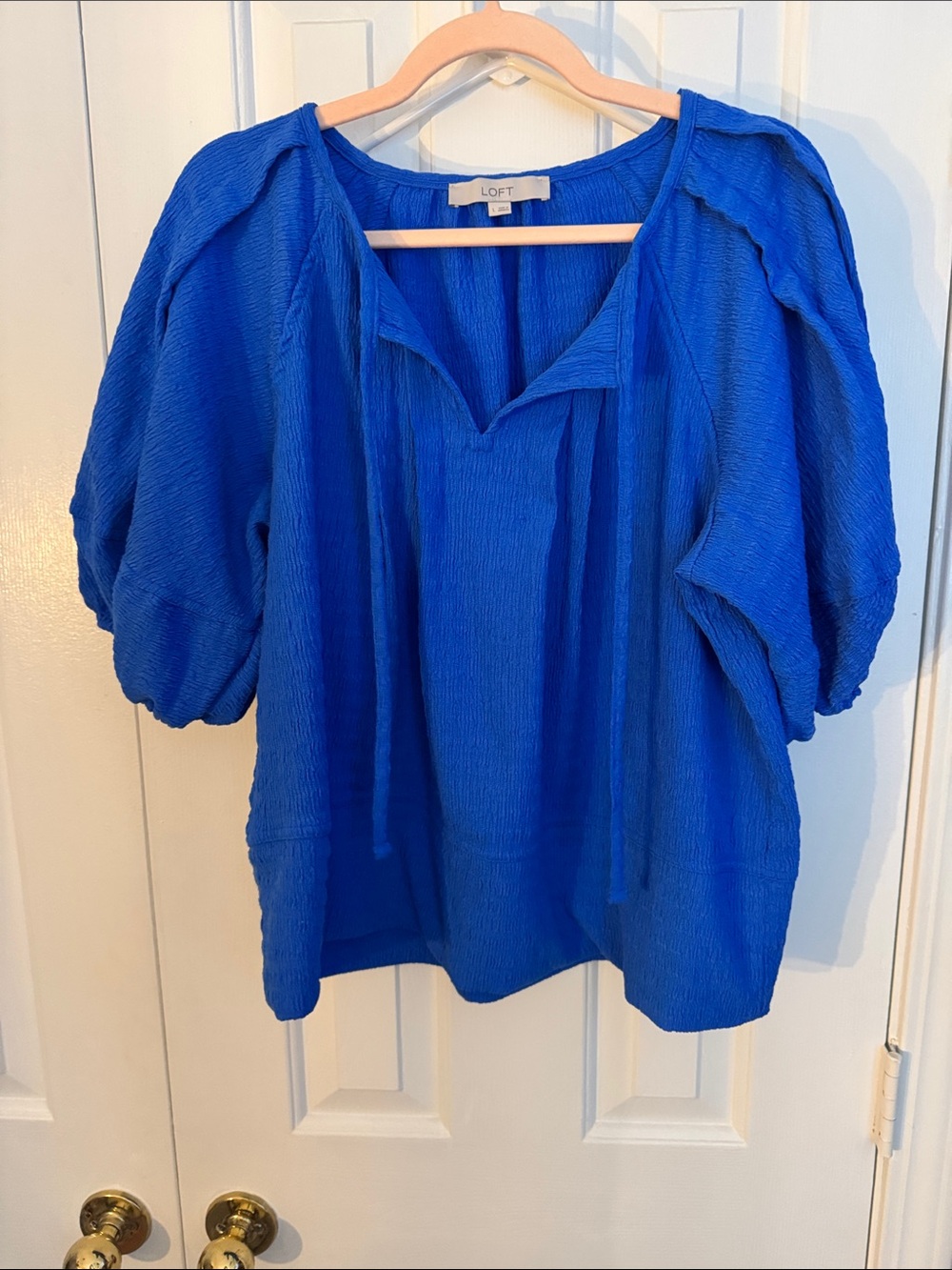 LOFT Royal Blue Textured Peasant Top with Puff Sleeves